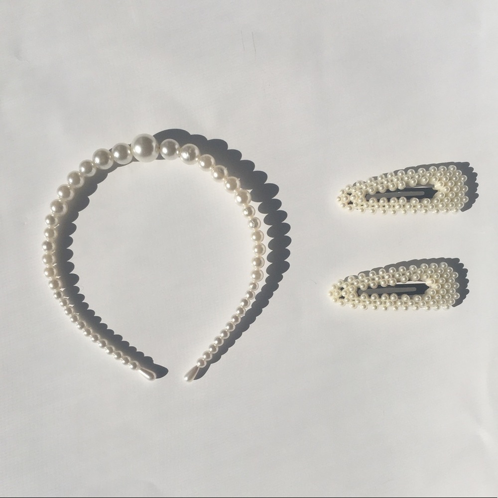 Set of 3 Pearl Head Band w/ Hair Clips faux trendy